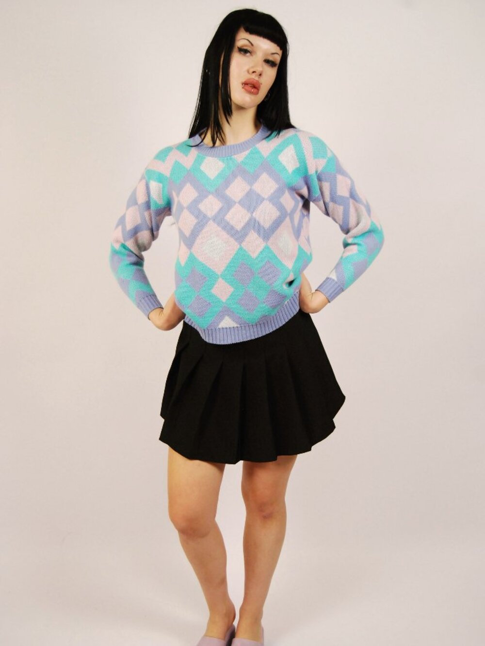 90s Knit Sweater (S) small purple mint blue vintage womens preppy diamond cute